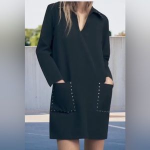 ZARA Black Mini Dress With Metal Stud Appliqués Trim women Size S…